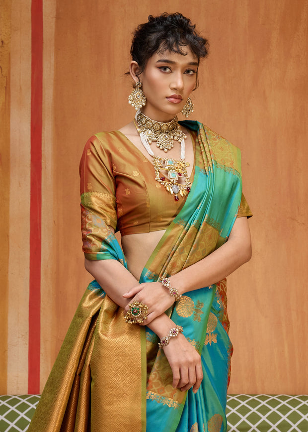 Blue Yellow Woven Banarasi Silk Saree