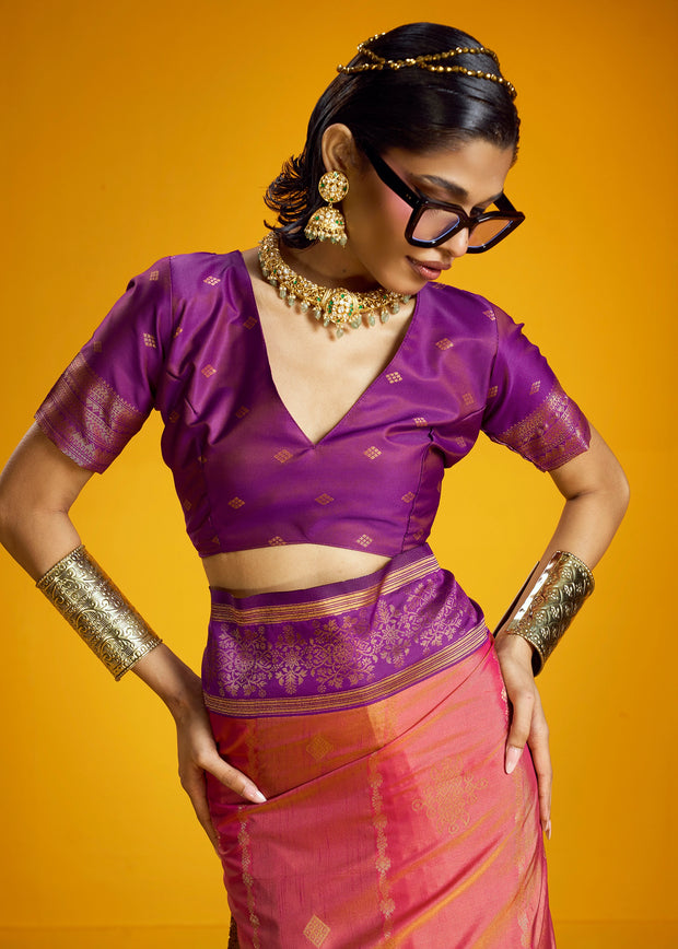 Peach Pink Woven Banarasi Silk Saree