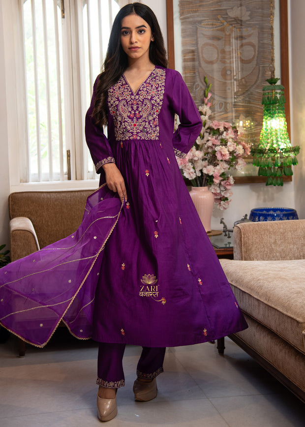 Royal Iris Purple Embroidered Saree (10702047117505)
