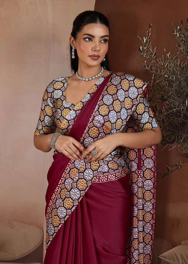 Maroon Red Printed Satin Silk Saree