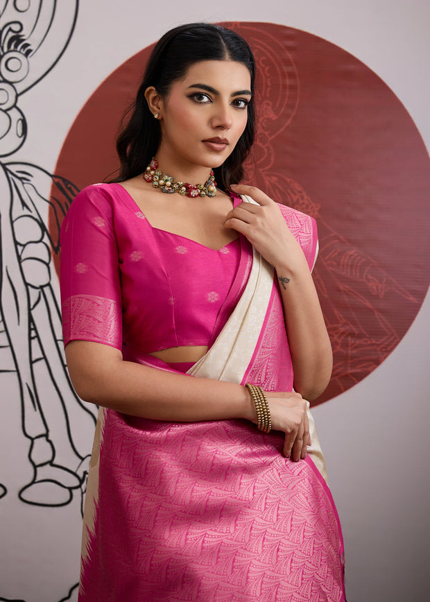 Pink Border Ivory Woven Banarasi Silk Saree