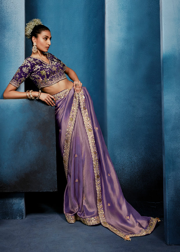 Lavender Purple Embroidered Designer Tissue Saree