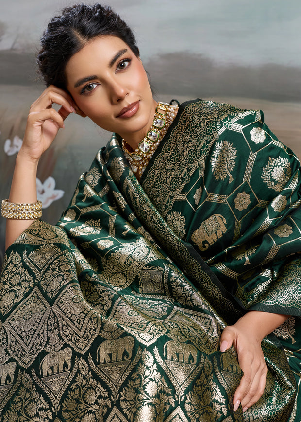 Bottle Green Woven Banarasi Silk Saree