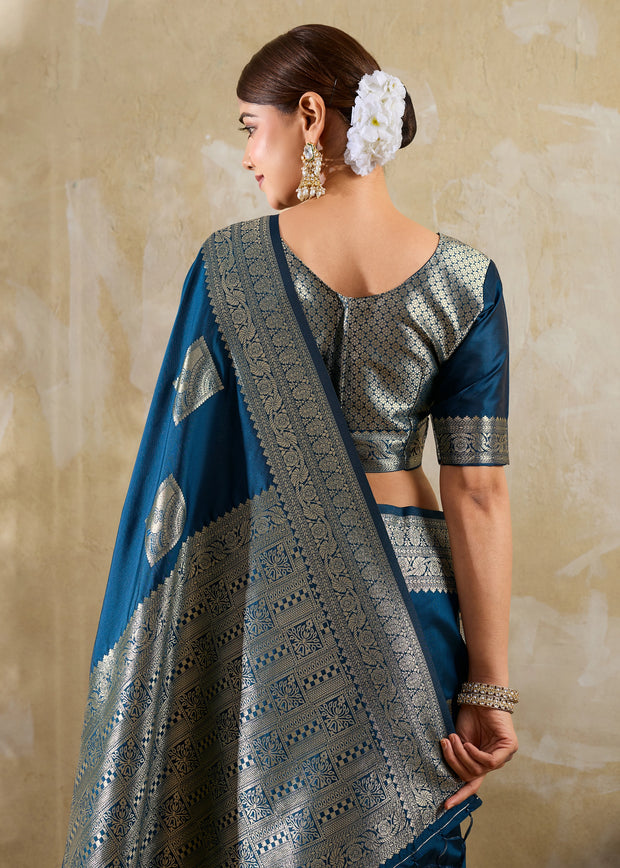 Coral Blue Woven Banarasi Silk Saree