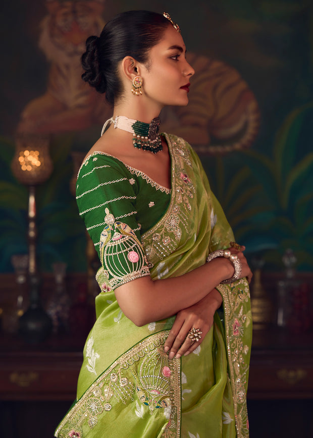 Sage Green Designer Embroidered Saree