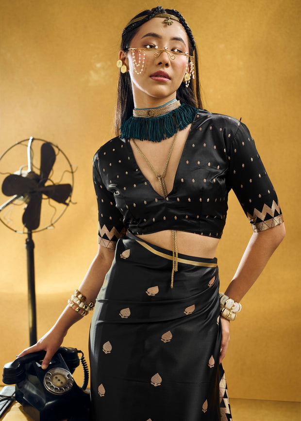 Black Woven Banarasi Satin Silk Saree