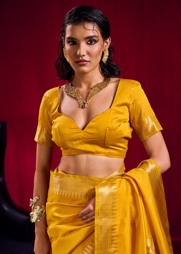 Daffodil Yellow Banarasi Satin Linen Silk Saree