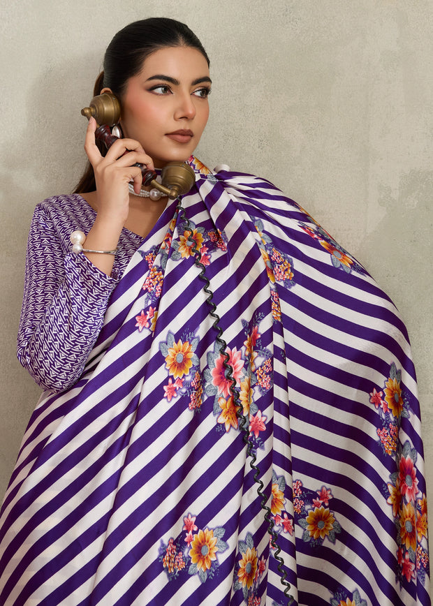 Purple Printed Satin Silk Saree
