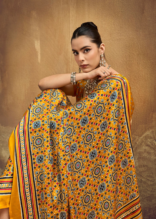 Golden Yellow Printed Satin Silk Saree