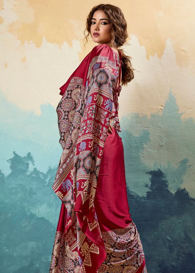Maroon Printed Satin Silk Saree