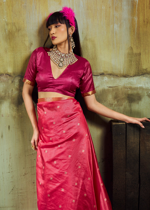 Peach Pink Banarasi Tusser Silk Saree