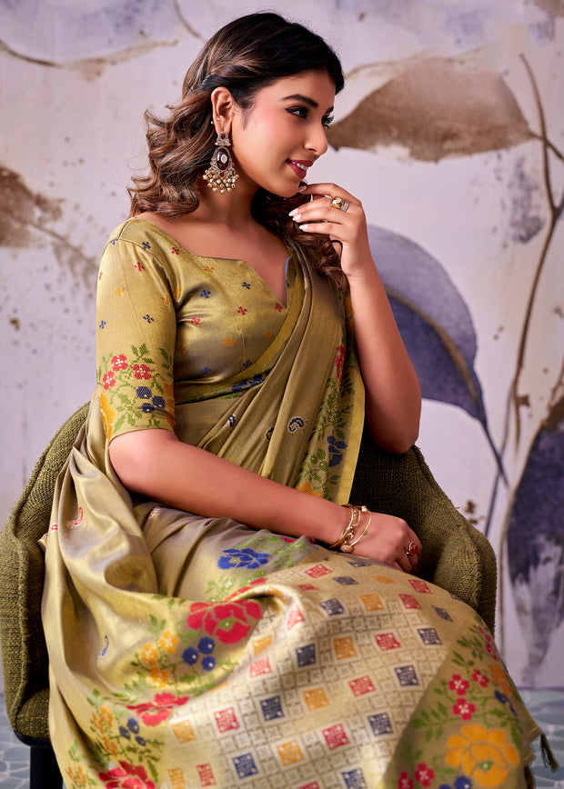 Olive Green Woven Tissue Silk Saree