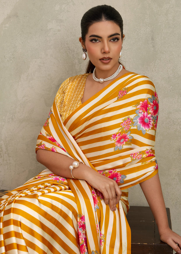 Bright Yellow Printed Satin Silk Saree