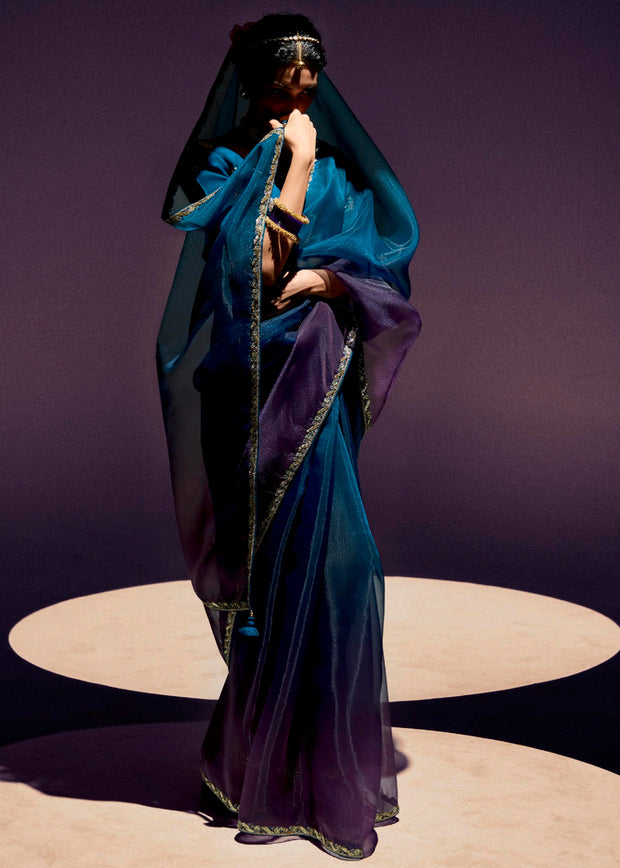 Coral Blue Ombre Designer Tissue Saree With Embroidered Blouse