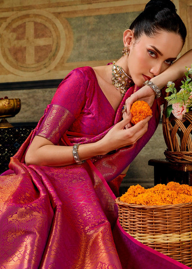 Magenta Pink Woven Banarasi Silk Saree