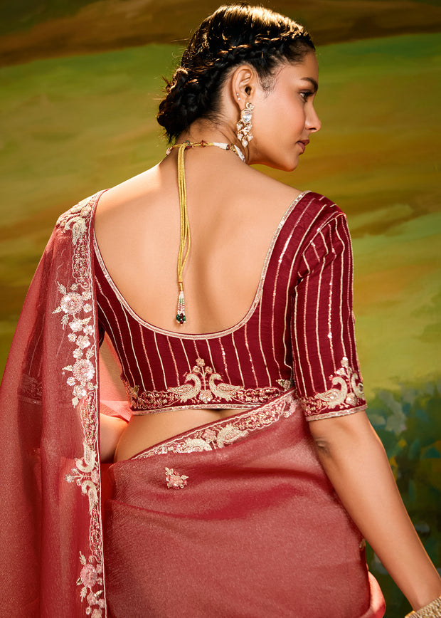 Earthy Red Heavy Embroidered Designer Silk Saree With contrast Blouse