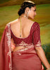 Earthy Red Heavy Embroidered Designer Silk Saree With contrast Blouse