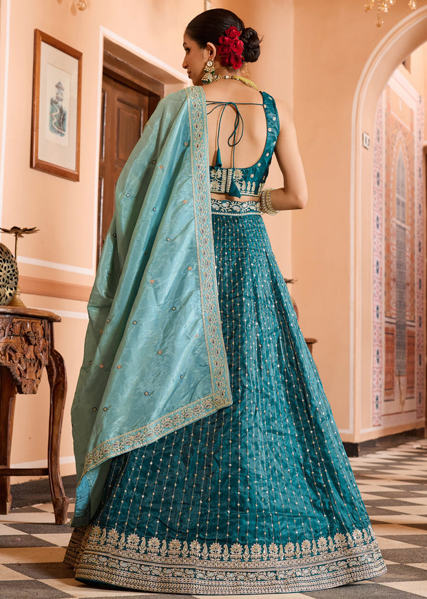 Coral Blue Tissue Silk Embroidered Lehenga