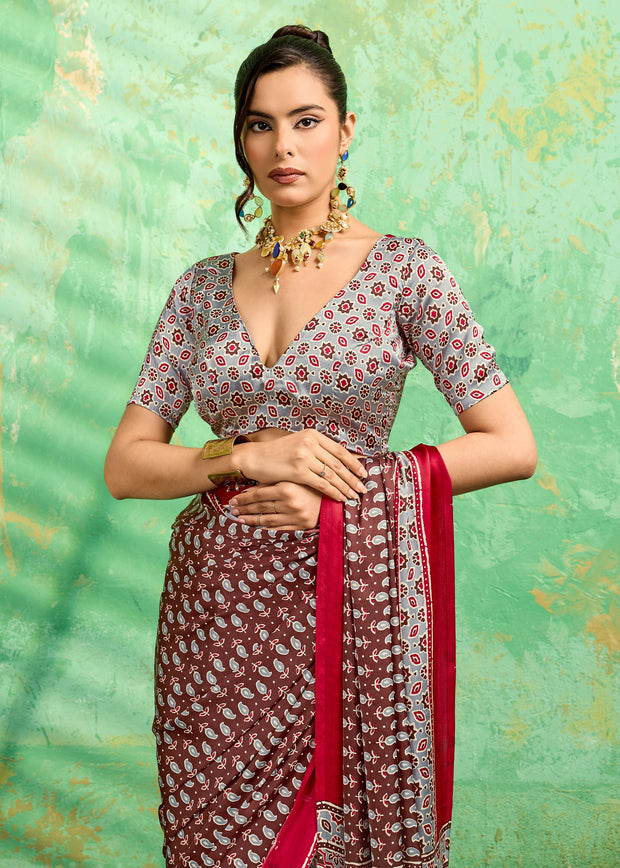 Chocolate Brown Printed Satin Silk Saree