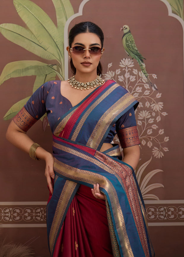 Amarican Red Woven Banarasi Tussar Silk Saree