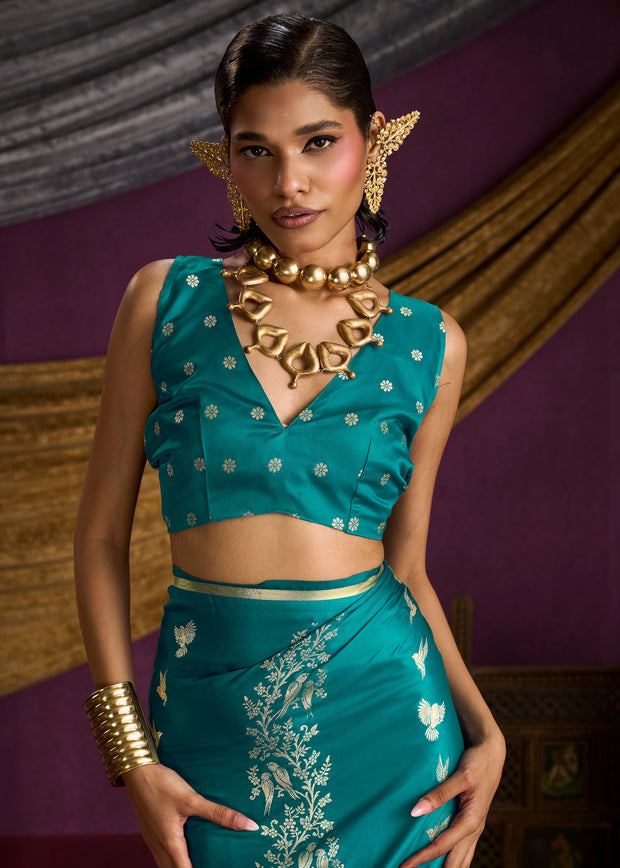 Teal Blue Banarasi Satin Silk Saree