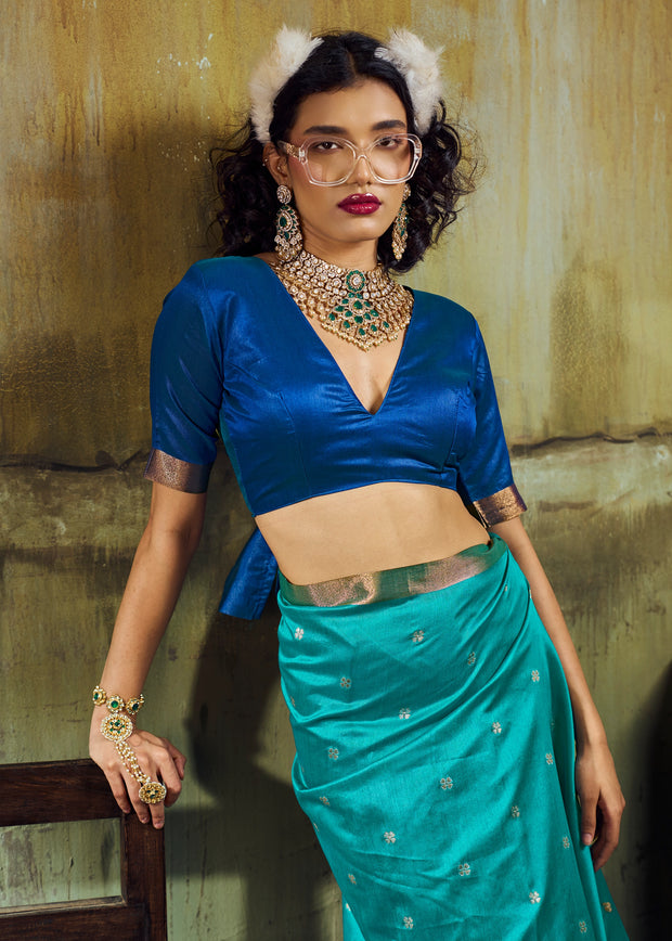 Teal Blue Banarasi Tusser Silk Saree