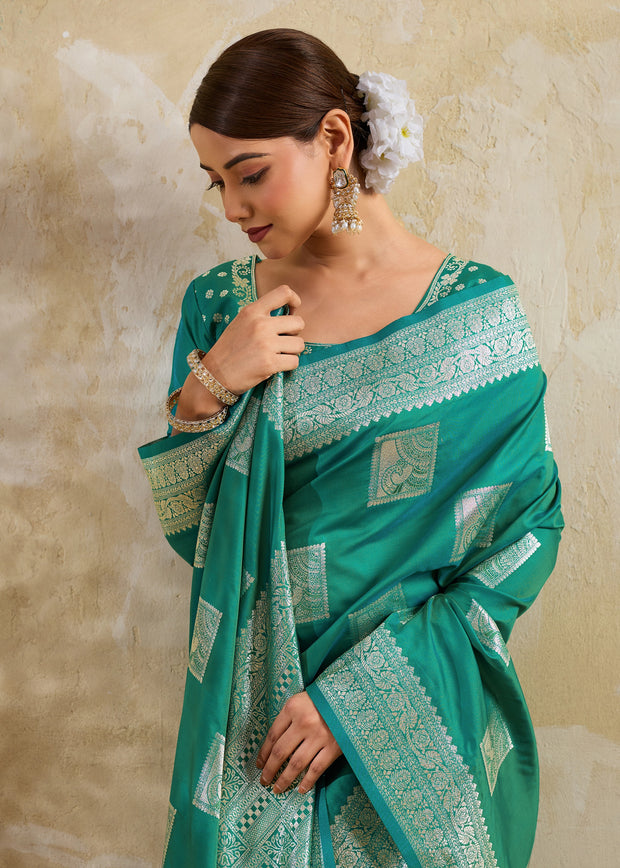Teal Green Woven Banarasi Silk Saree