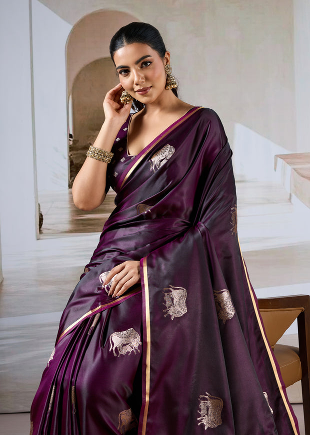 Wine Purple Banarasi Satin Silk Saree