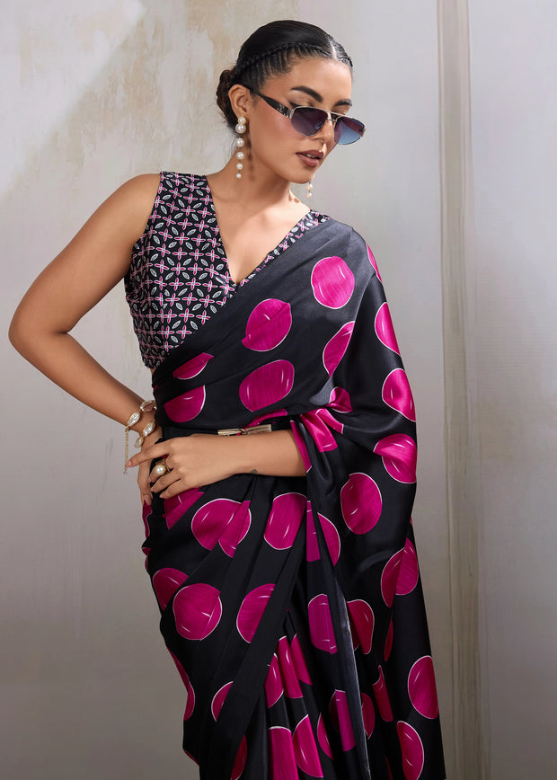 Pink Printed Satin Silk Saree