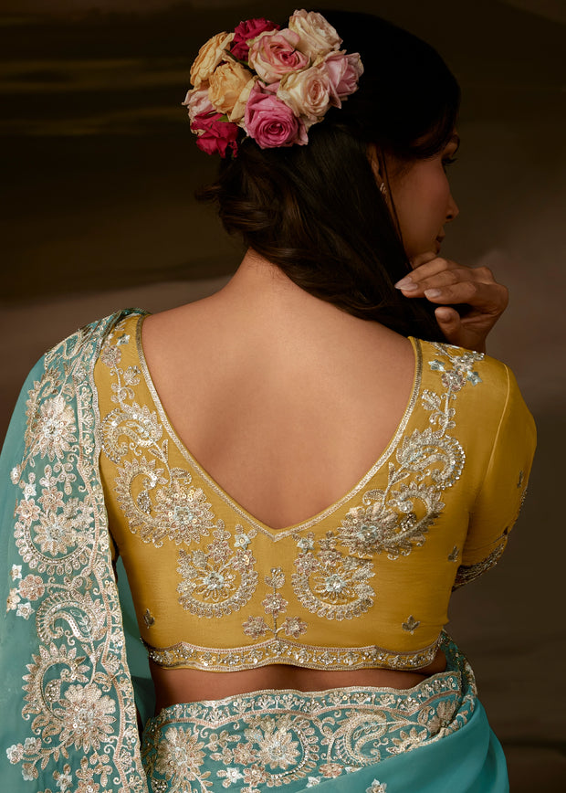 Aqua Blue Embroidered Designer Organza Saree