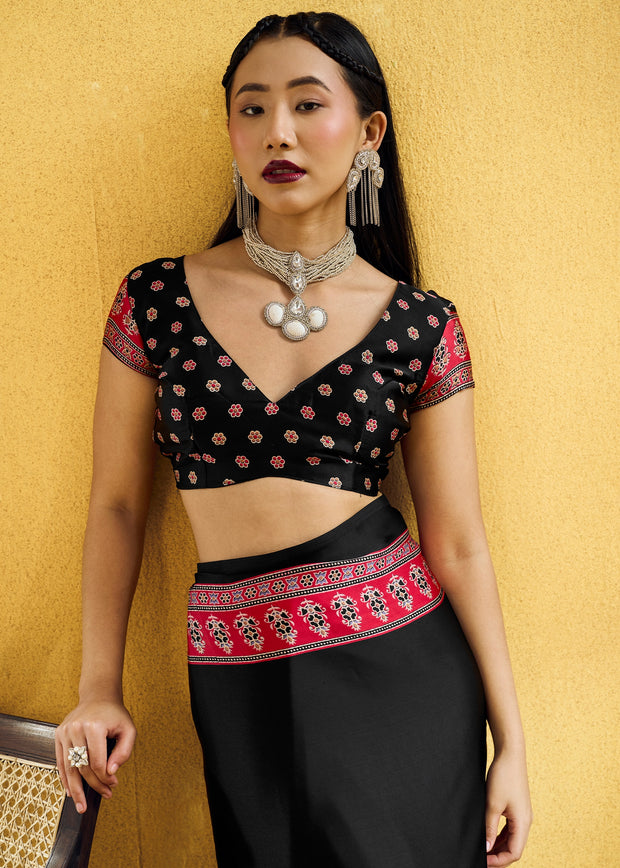 Black Satin Silk Saree with Ajrakh Printed Pallu and Blouse
