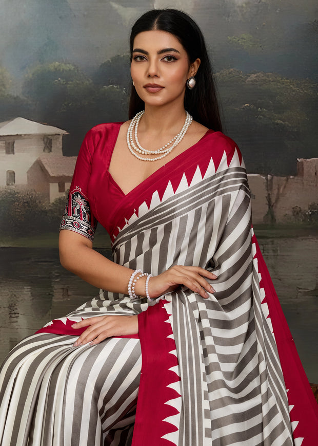Red And White Printed Satin Silk Saree