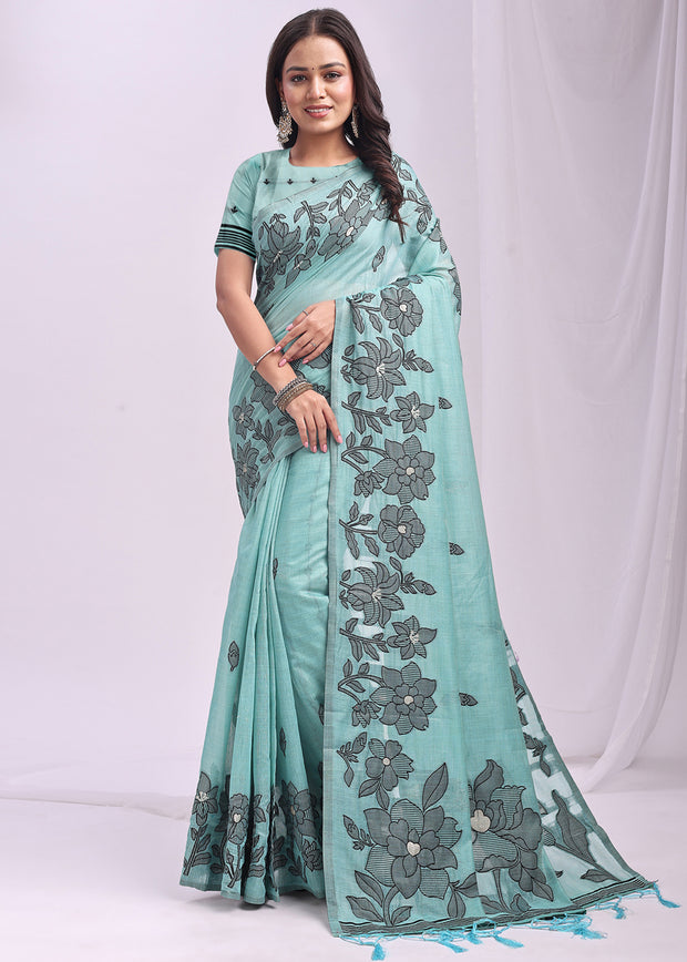 Radiance Blue Woven Cotton Linen Silk Saree