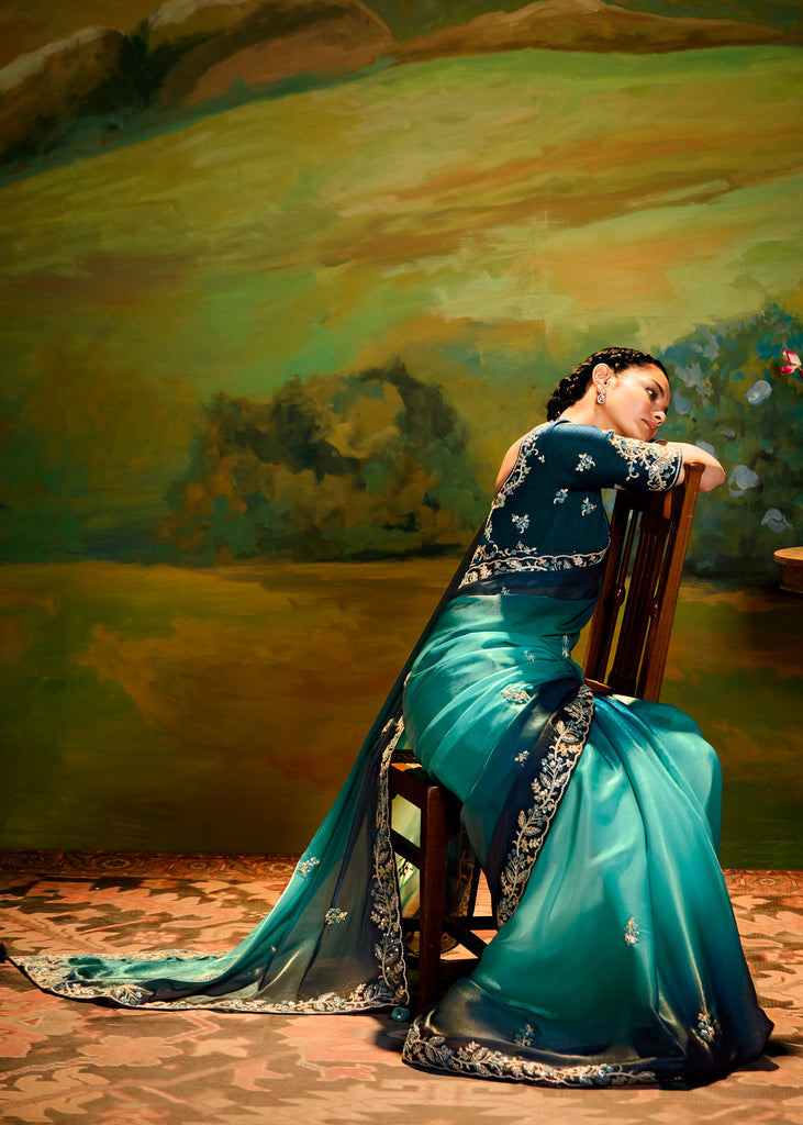 Peacock Blue Heavy Embroidered Designer Silk Saree With contrast Blouse