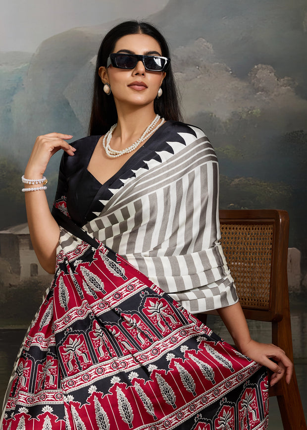 Black And White Printed Satin Silk Saree