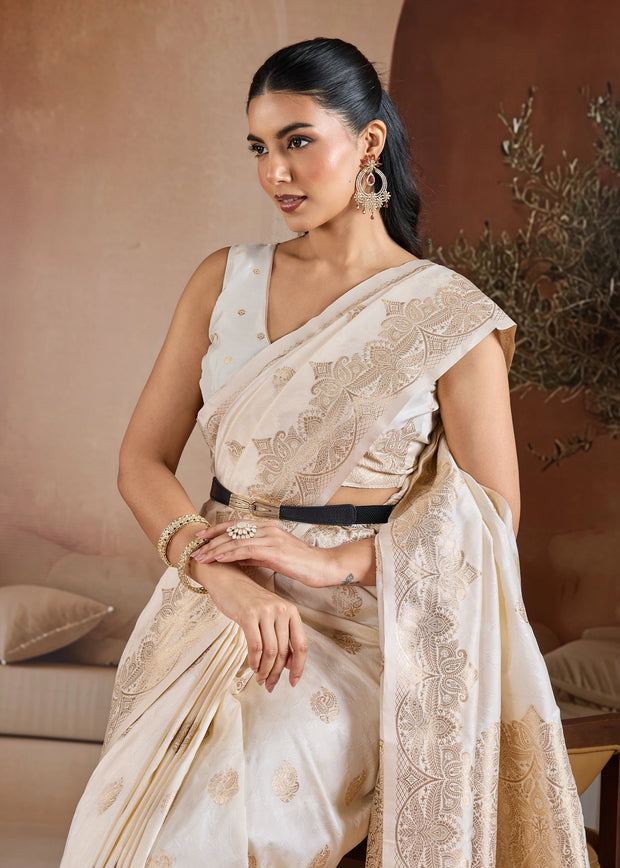 Bright White Woven Banarasi Silk Saree