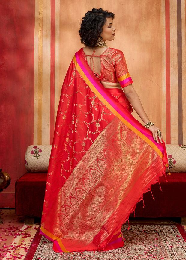 Cherry Red Woven Banarasi Silk Saree