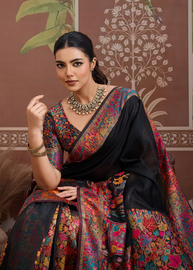 Pirate Black Woven Cotton Kashmiri Jamewar Saree