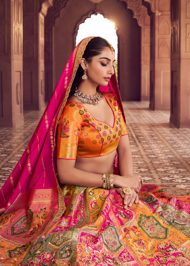 Pink Yellow Banarasi Silk Embroidered Lehenga