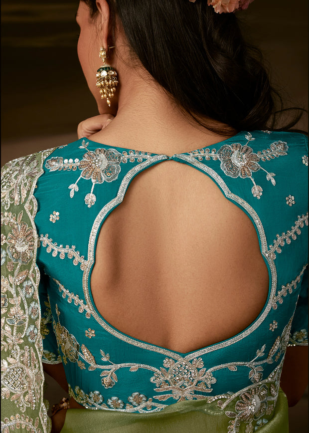 Sage Green Embroidered Designer Organza Saree