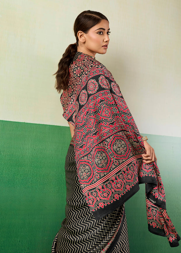 Phantom Black Printed Satin Silk Saree