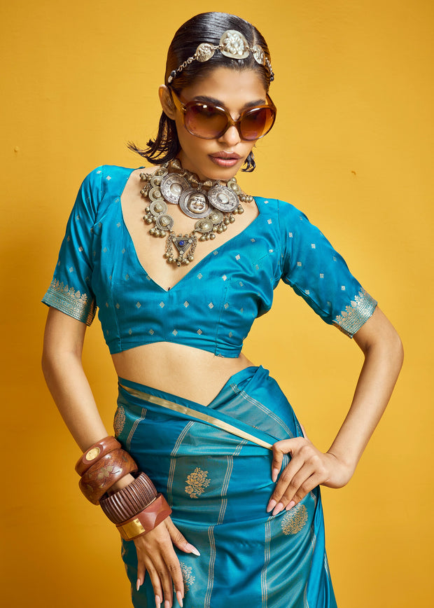 Vivid Blue Woven Banarasi Satin Silk Saree