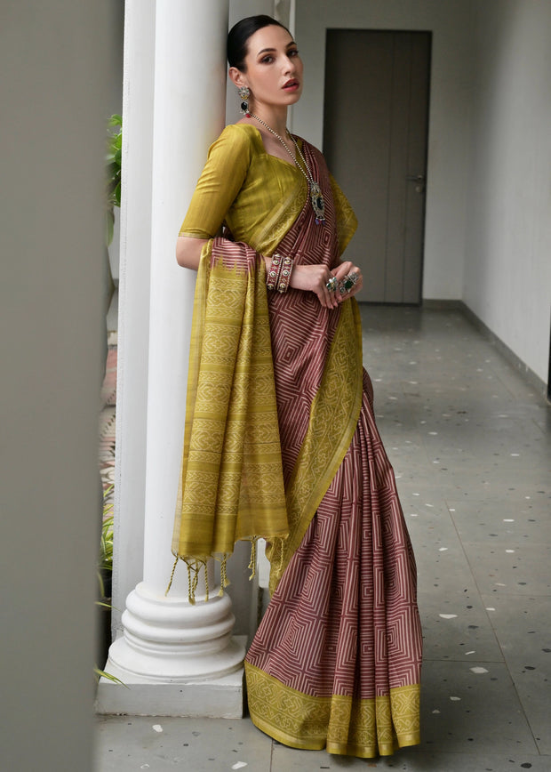 Dusty Mauve & Yellow Printed Tussar SIlk Saree