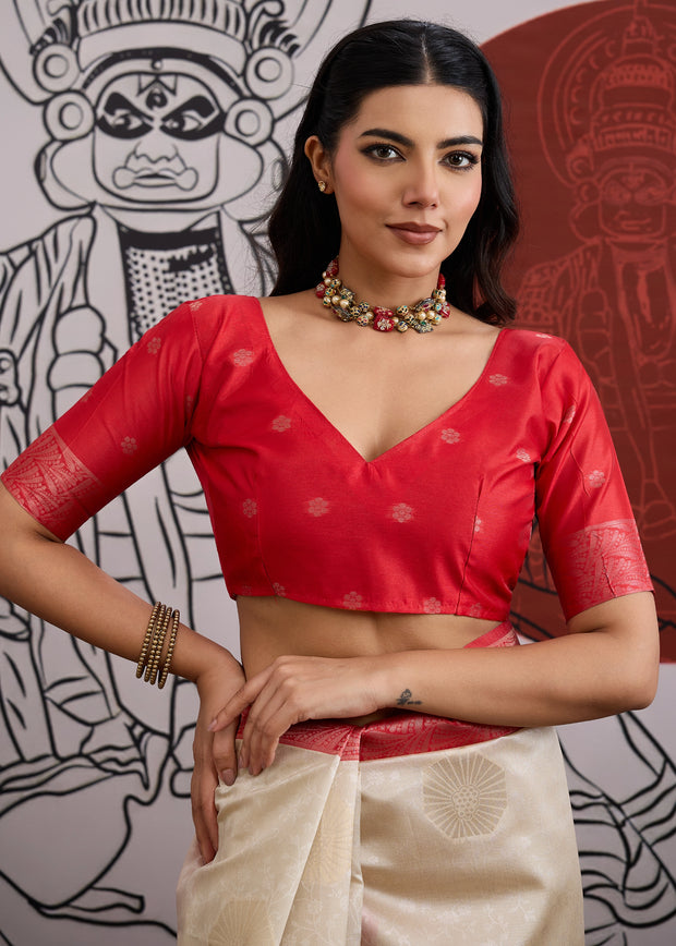 Red Border Ivory Woven Banarasi Silk Saree