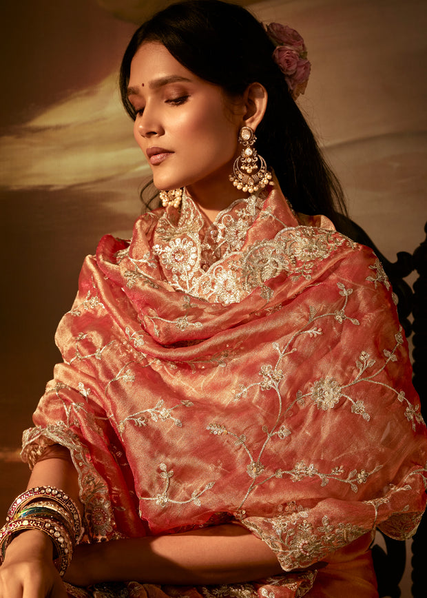 Peachy Orange Embroidered Designer Organza Saree