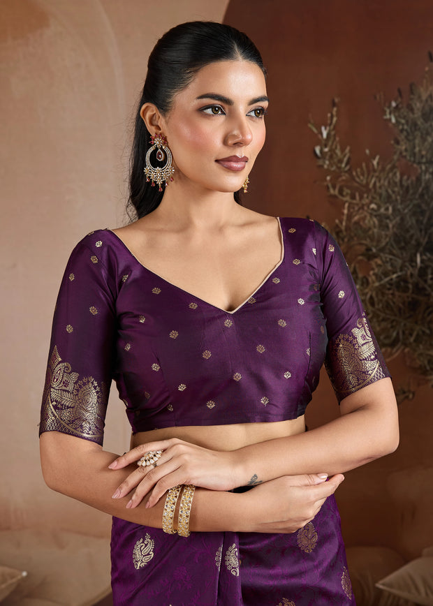 Dark Purple Woven Banarasi Silk Saree