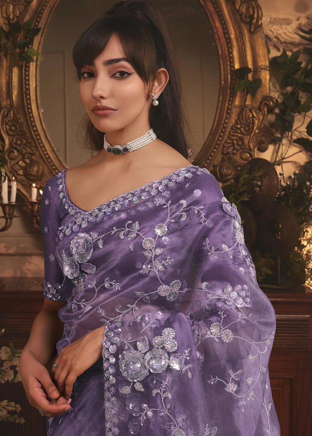 Lilac Mist Designer Tissue Organza  Saree