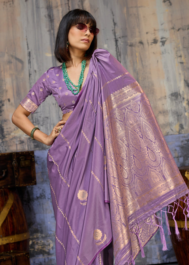 Lavender Purple Woven Banarasi Satin Silk Saree