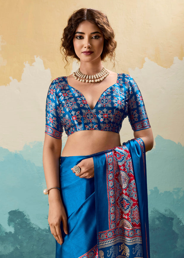 Swedish Blue Printed Satin Silk Saree