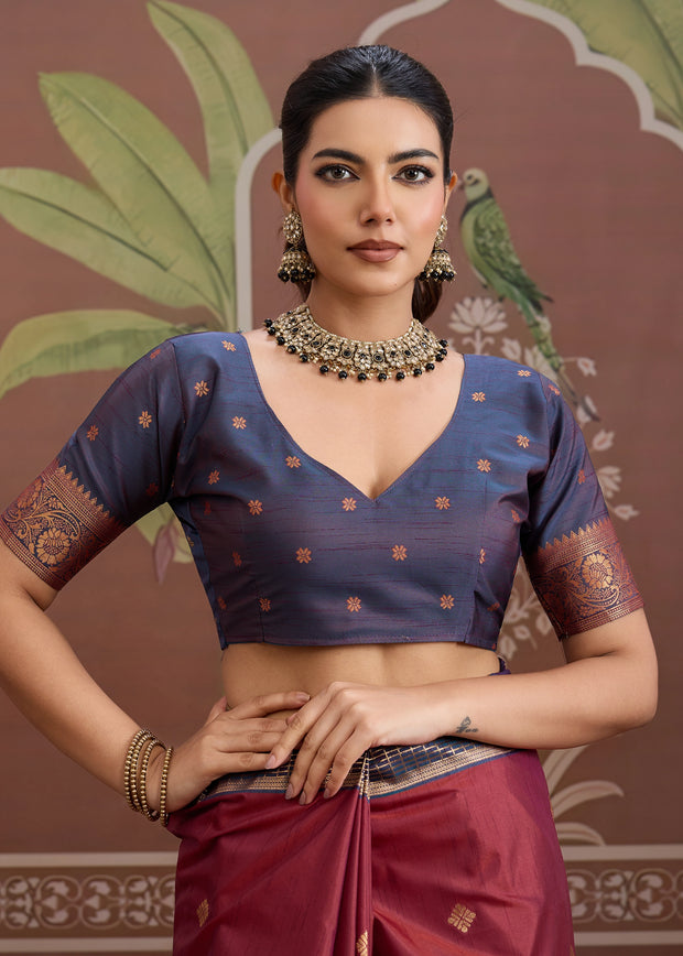 Maroon Red Woven Tussar Silk Saree
